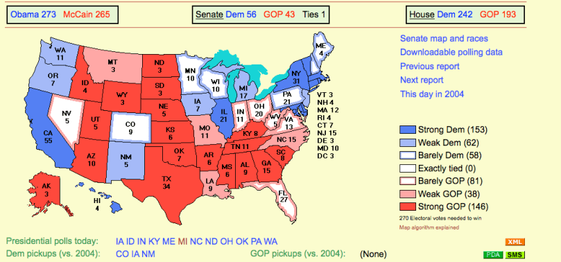 Electoral-vote.com is a useful site for getting a quick snapshot of what the latest polls are saying about the election.