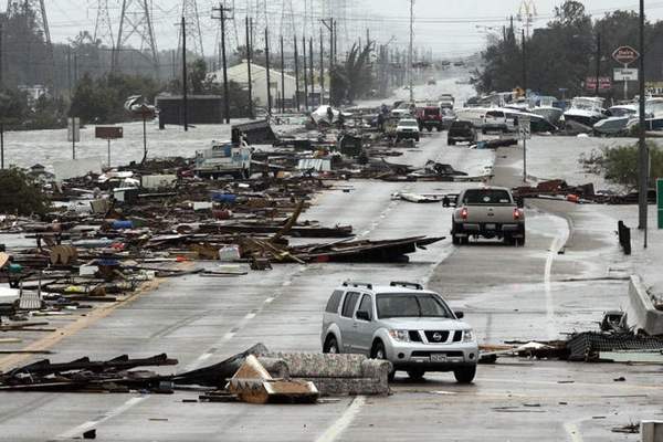 This road that goes into Seabrook, Texas, shows the devastation left as Hurricane Ike roared into Texas.